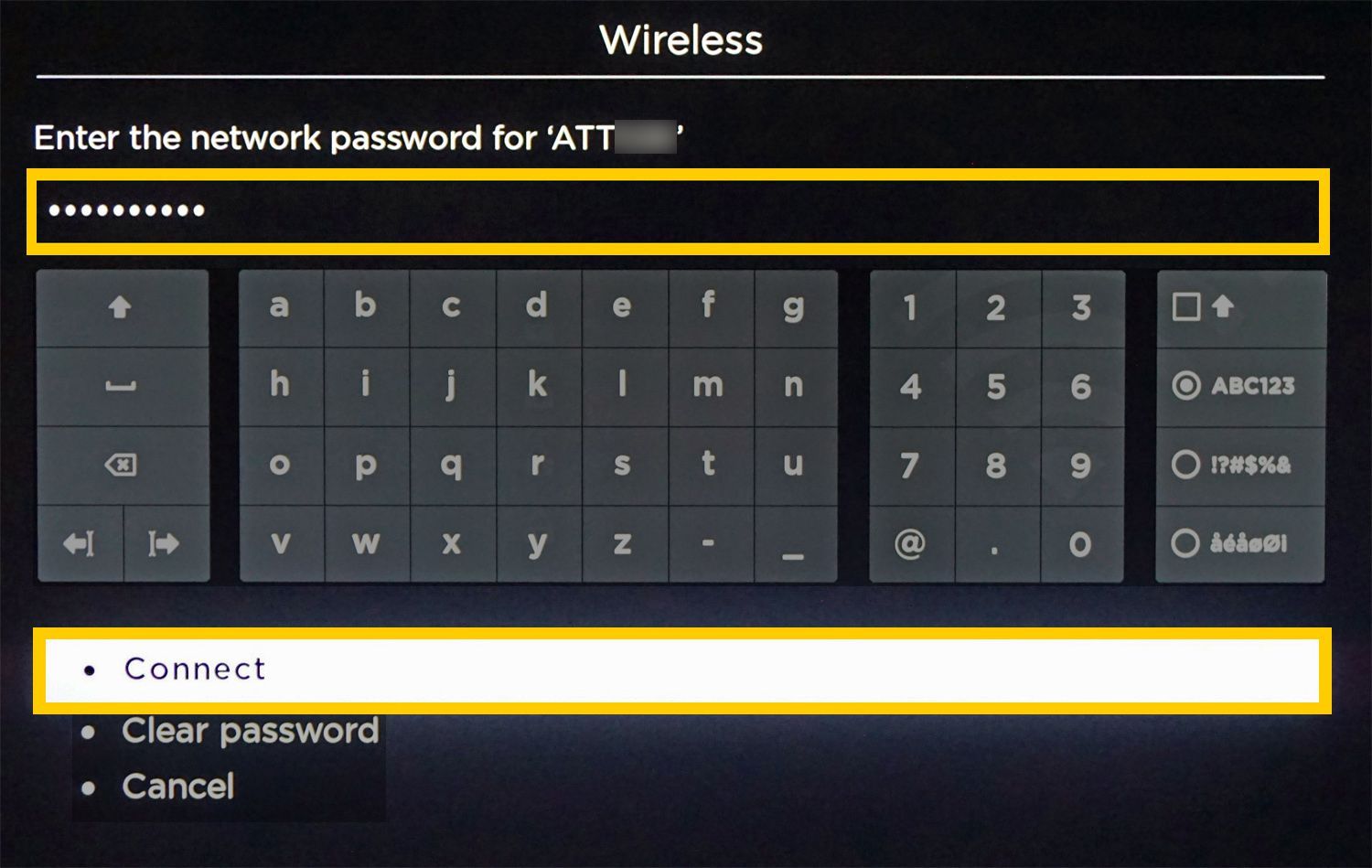 Roku Wi-Fi Set-up: введите сетевой пароль.