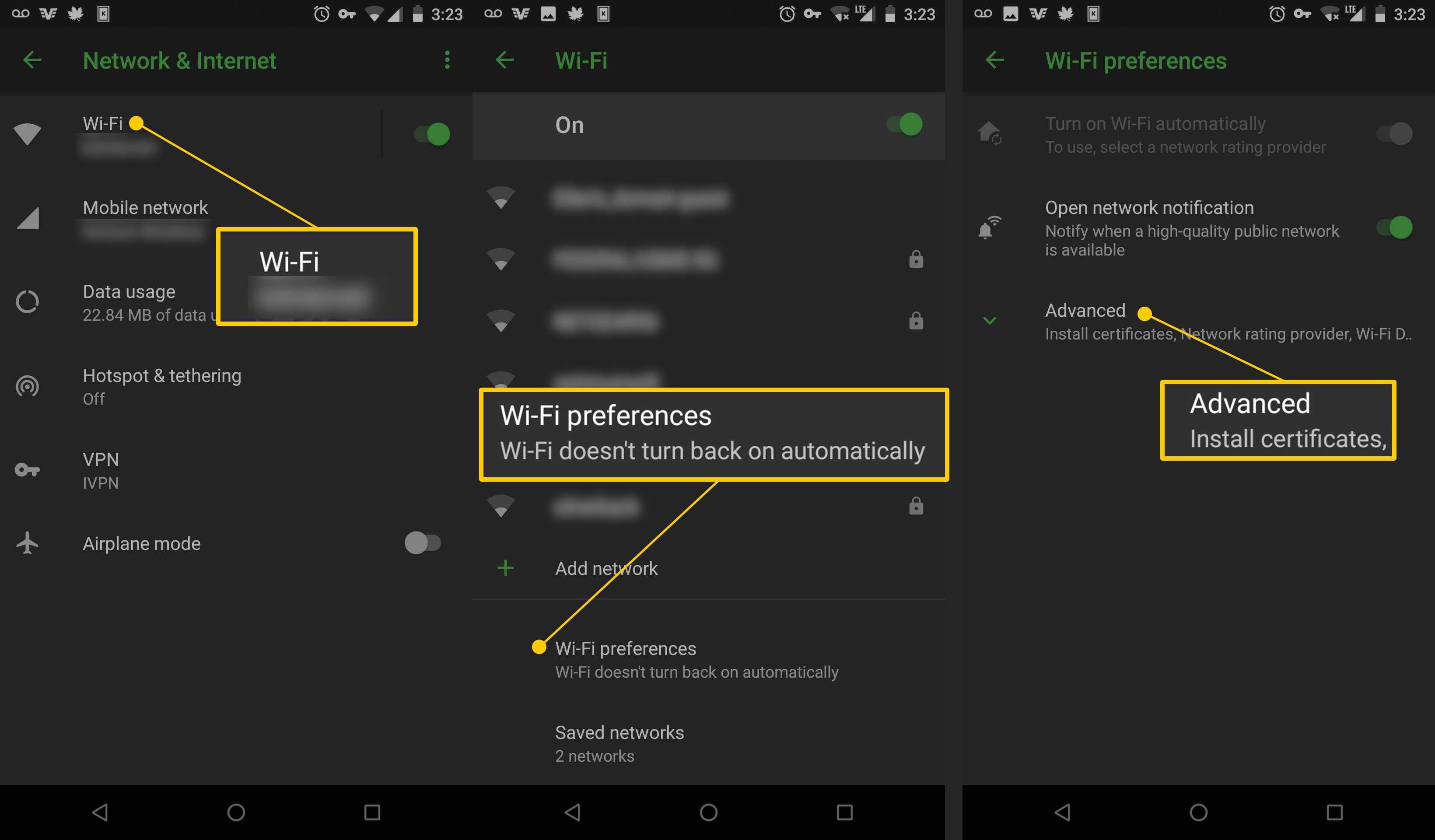 Wi-Fi, настройки Wi-Fi, расширенные настройки Android