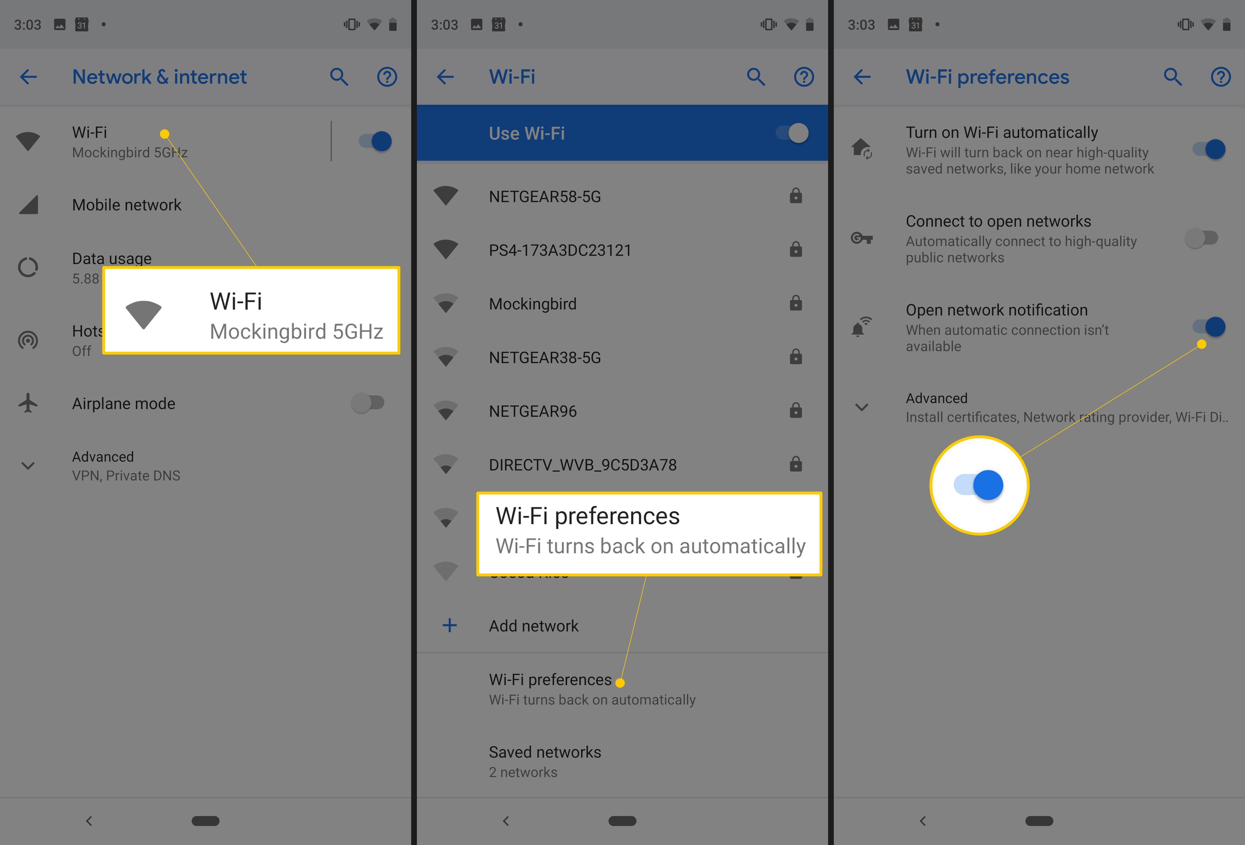 Wi-Fi, настройки Wi-Fi и уведомление об открытой сети переключаются на ВКЛ на Android