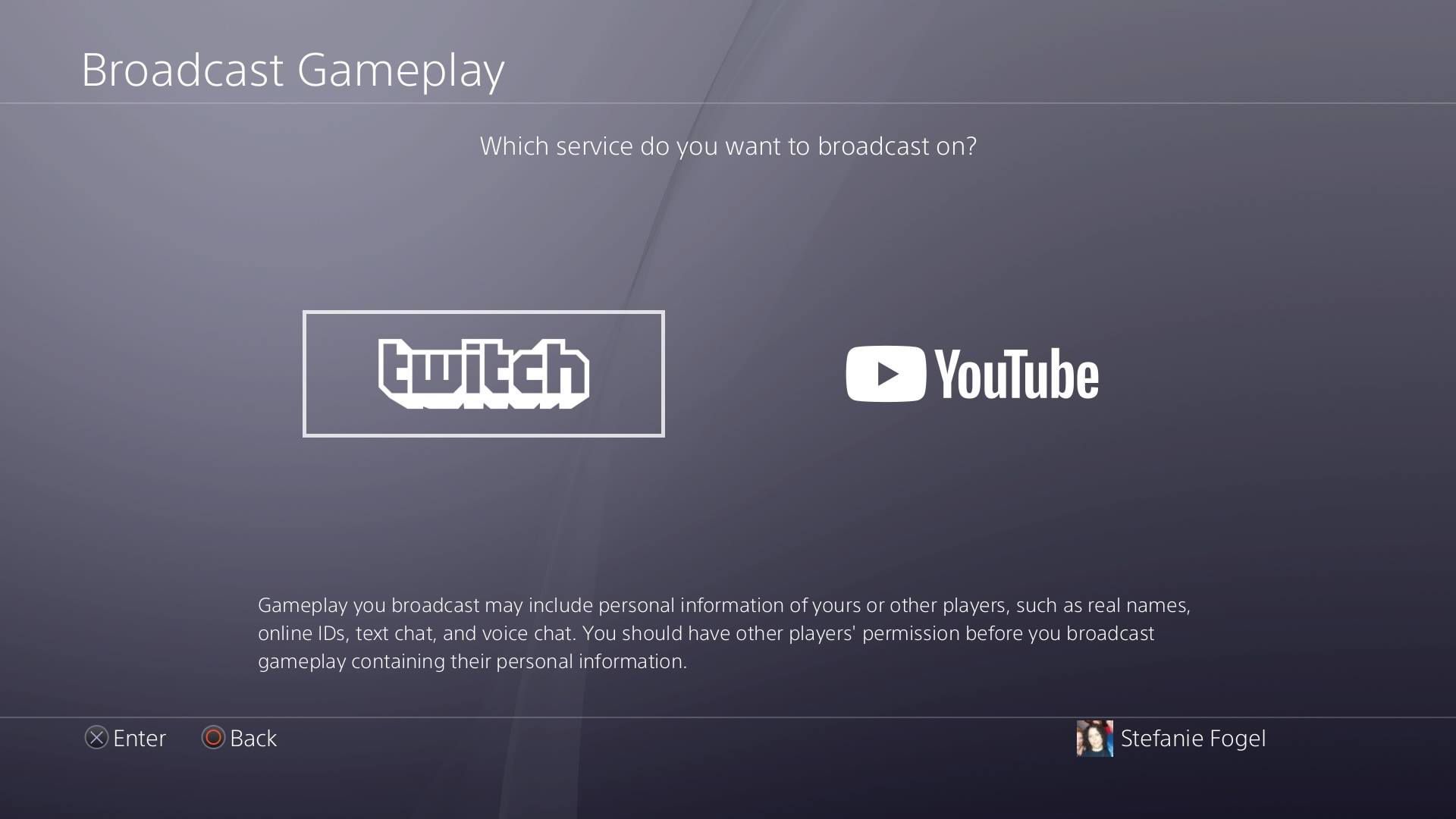 Снимок экрана параметров вещания PS4