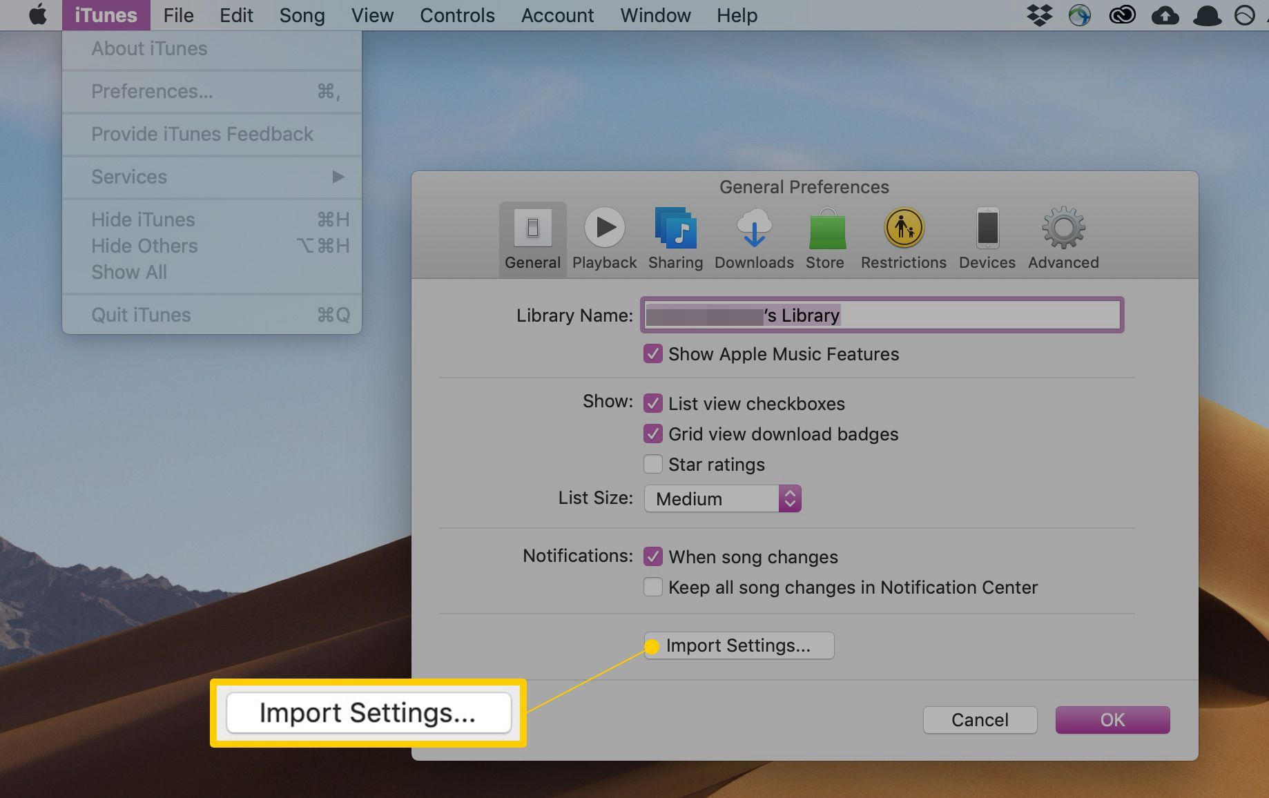 Импорт настроек в iTunes на macOS