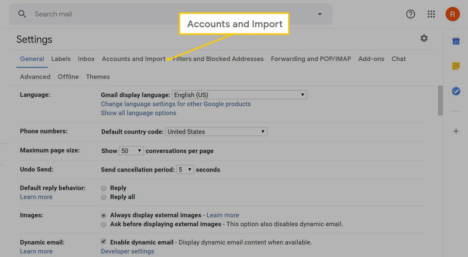 Вкладка «Аккаунты и импорт» в настройках Gmail