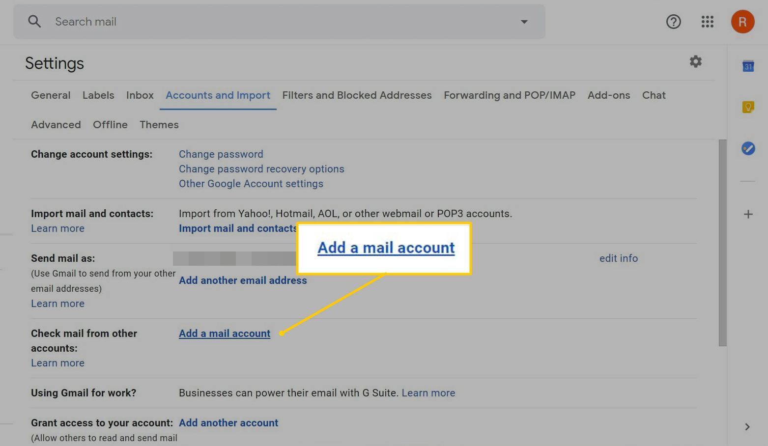 Добавить ссылку на почтовый аккаунт в настройках Gmail