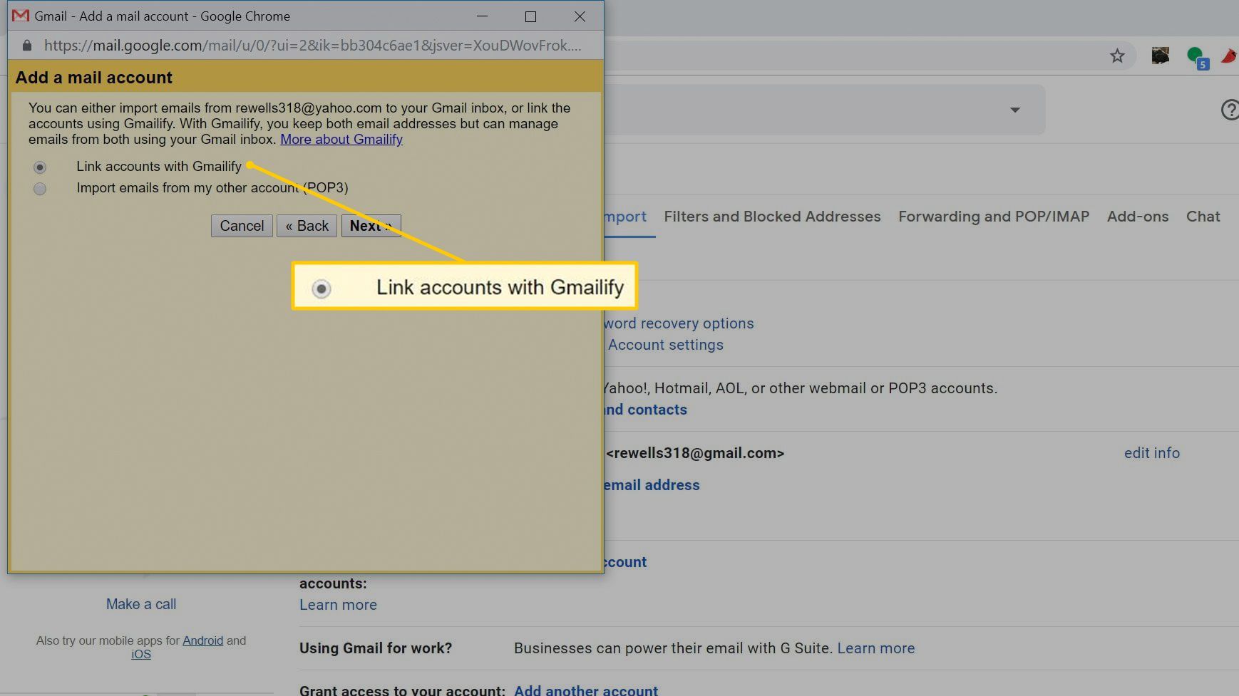 Связать учетные записи с флажком Gmailify в настройках Gmail