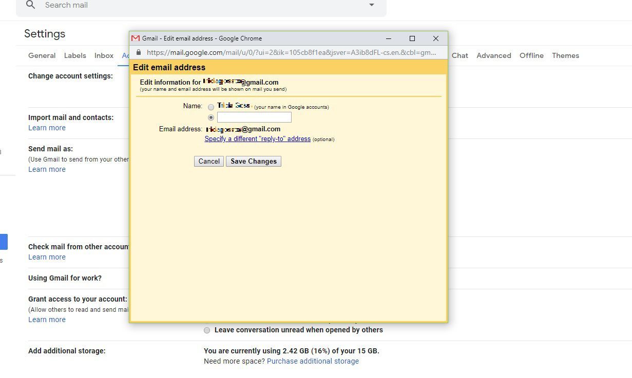 Снимок экрана: изменение адреса электронной почты в Gmail