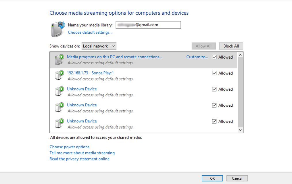 Выберите параметры потоковой передачи мультимедиа для компьютеров и устройств Windows 10