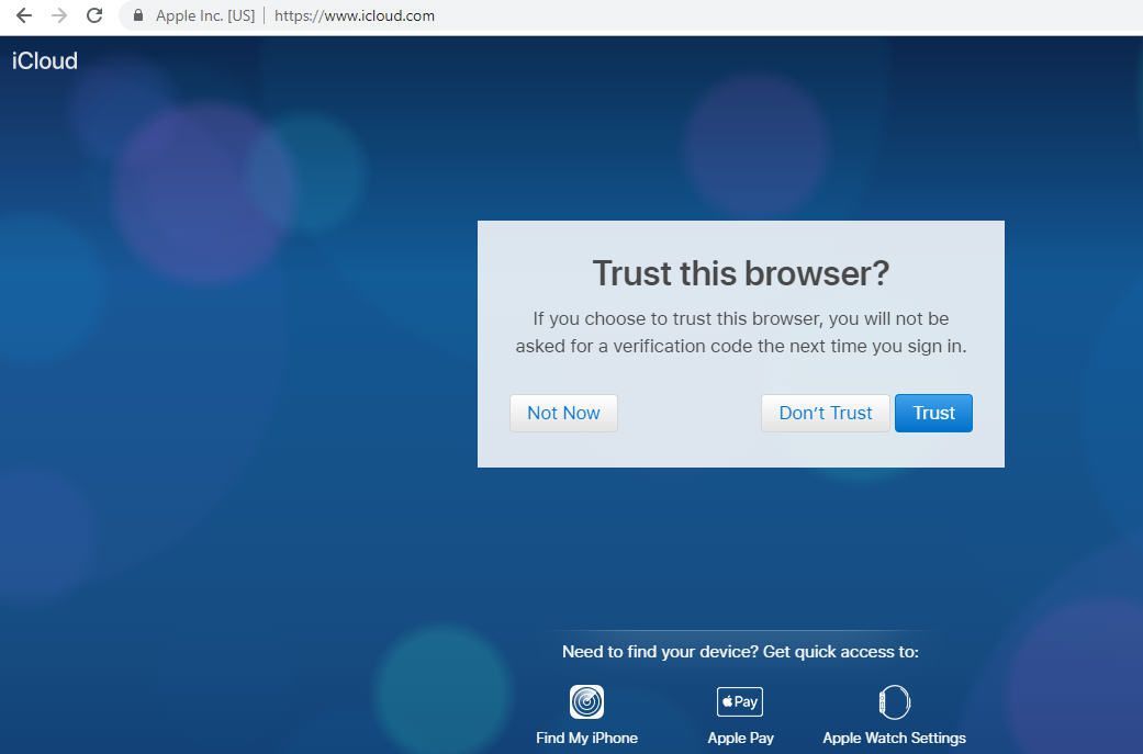 Снимок экрана вопроса о доверии браузера iCloud в браузере Google Chrome