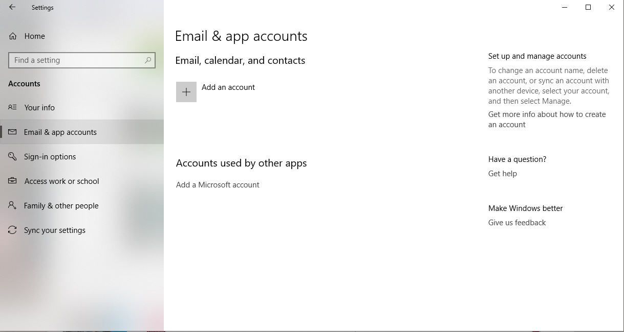 Снимок экрана настроек учетных записей электронной почты и приложений Windows 10