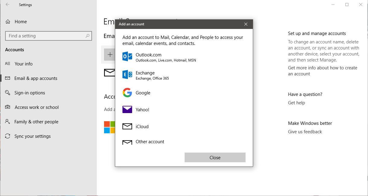 Снимок экрана: диалоговое окно добавления учетной записи Windows 10
