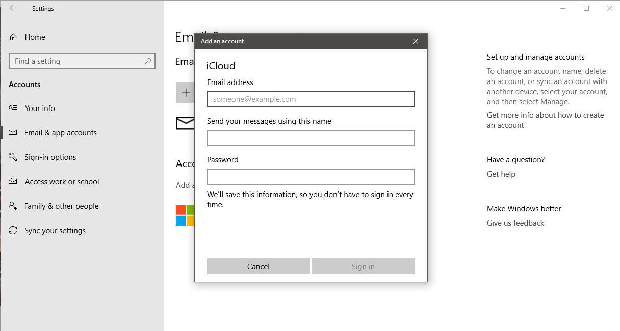 Снимок экрана: пользователь добавляет свою учетную запись iCloud в Windows 10