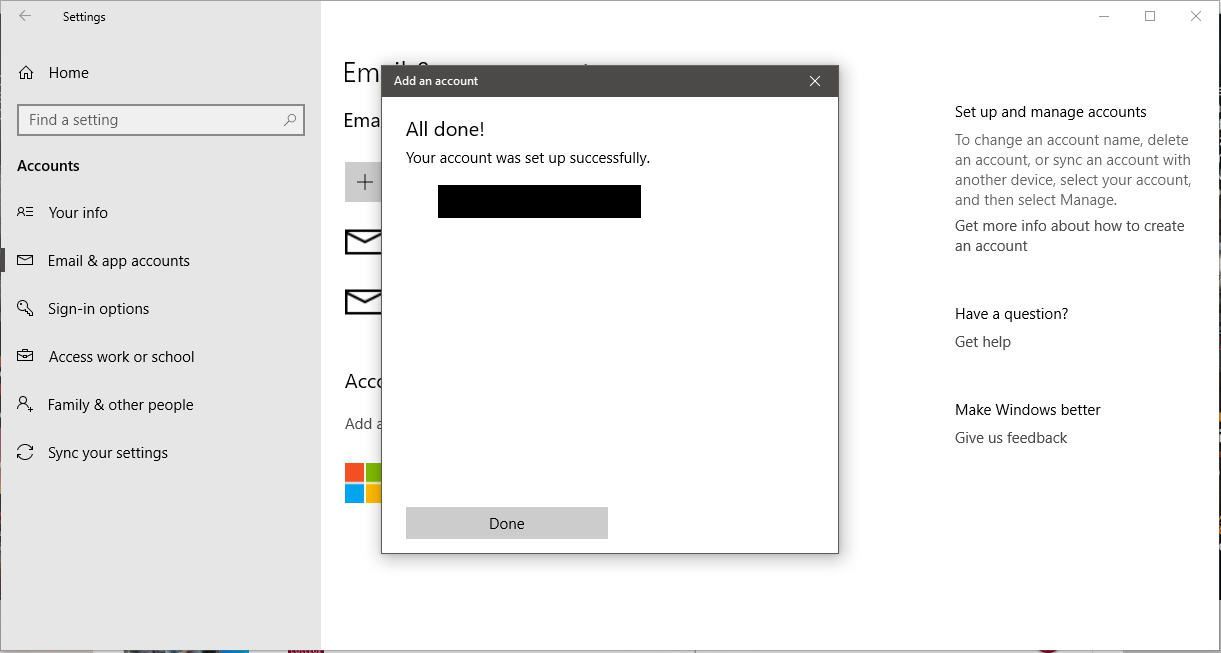 Снимок экрана Windows 10 Добавить сообщение с подтверждением учетной записи.