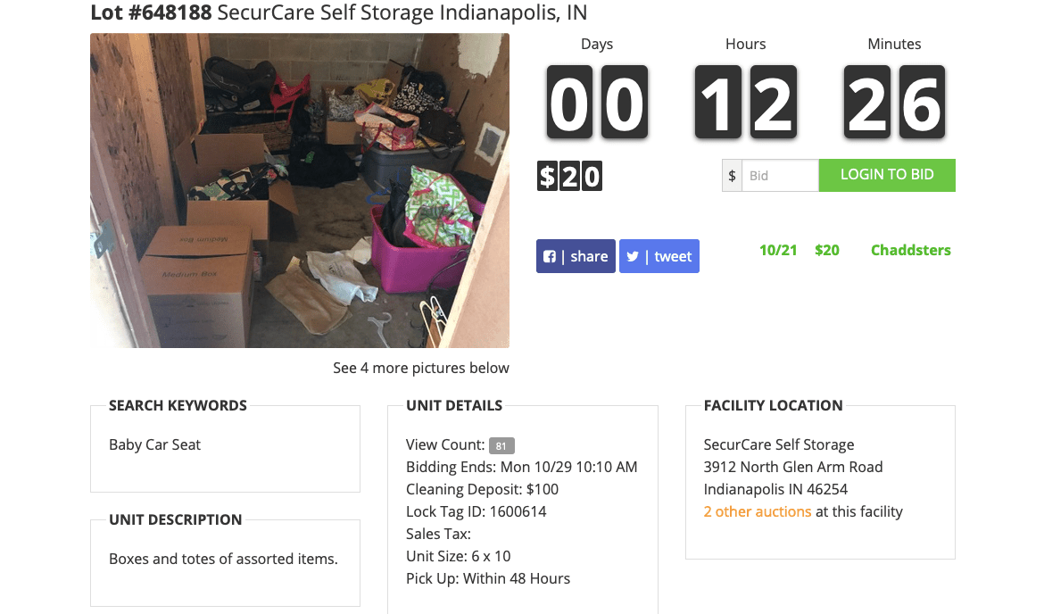 Снимок экрана LockerFox's online storage auction.