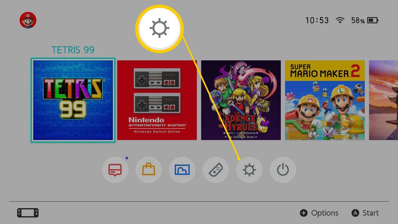 Главный экран Nintendo Switch с выделенными настройками
