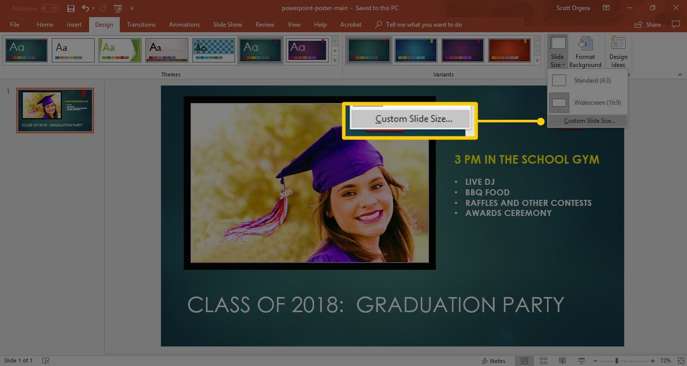 Кнопка «Пользовательский размер слайда» в меню «Размер слайда» в PowerPoint для Windows 10