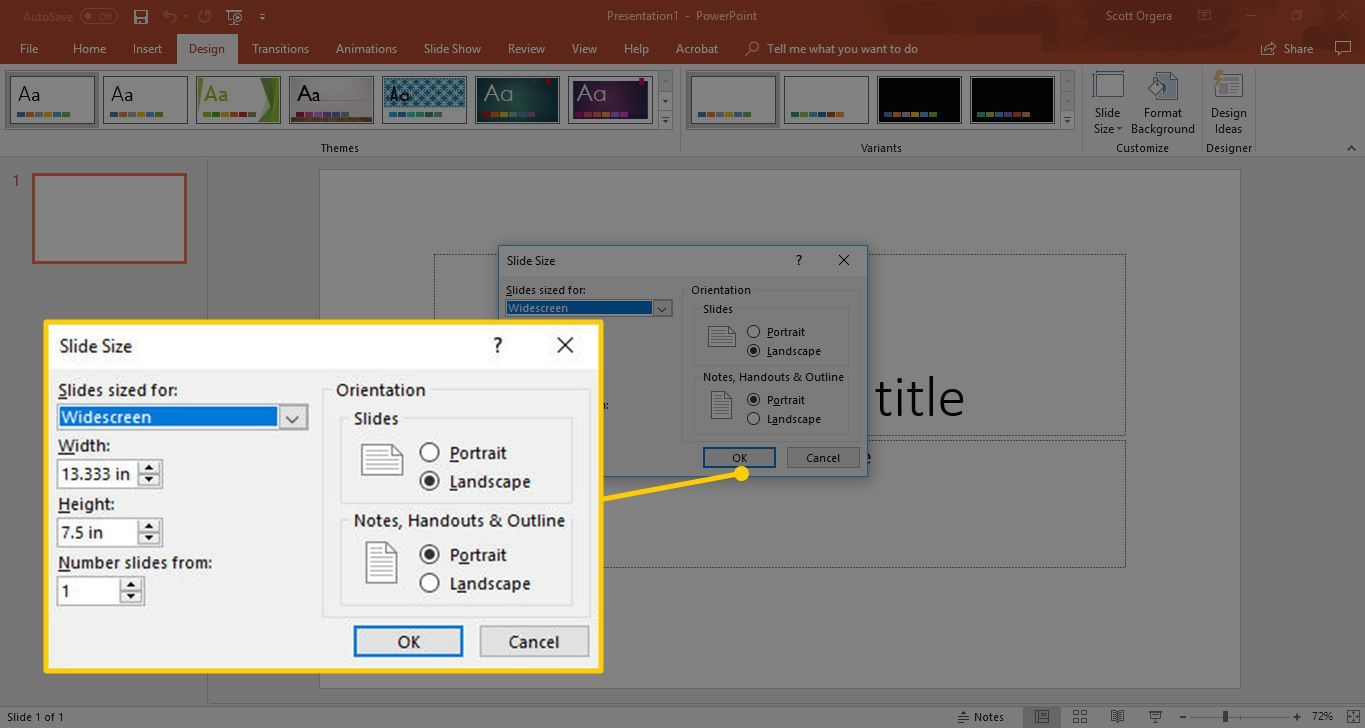 Диалог размера слайда в Powerpoint для Windows 10