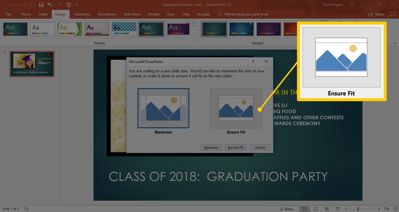 Убедитесь, что кнопка подбора в диалоговом окне «Размер слайда» для Microsoft PowerPoint в Windows 10