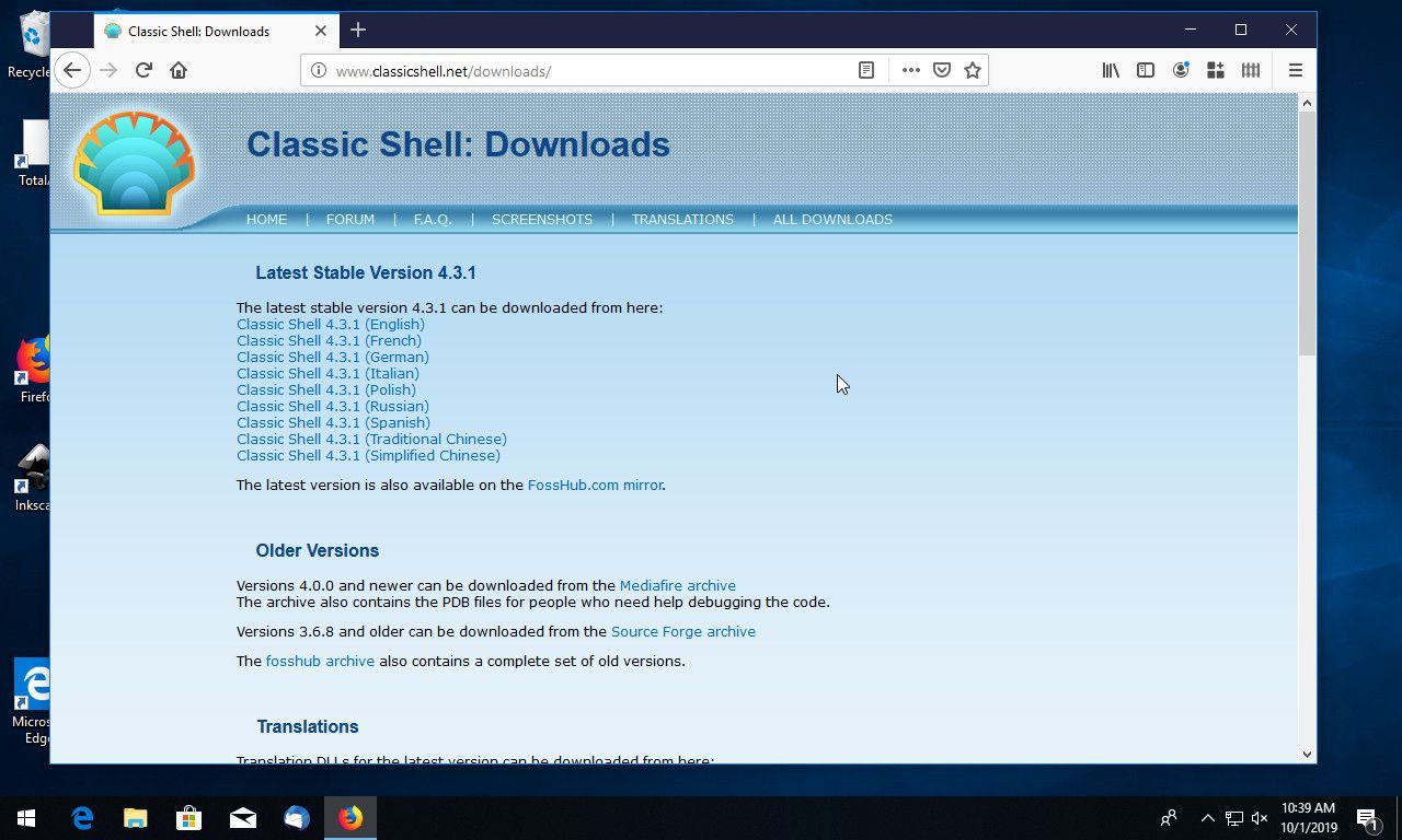 Страница загрузки Windows Classic Shell