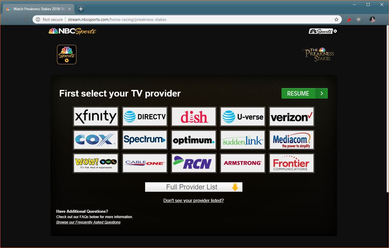 Скриншот NBC Sports, показывающий экран выбора телевизионного провайдера.