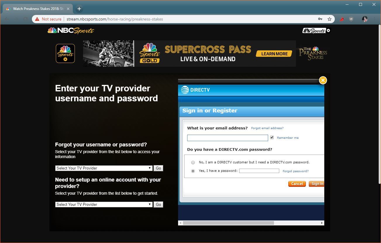 Скриншот входа телевизионного провайдера в NBC Sports.