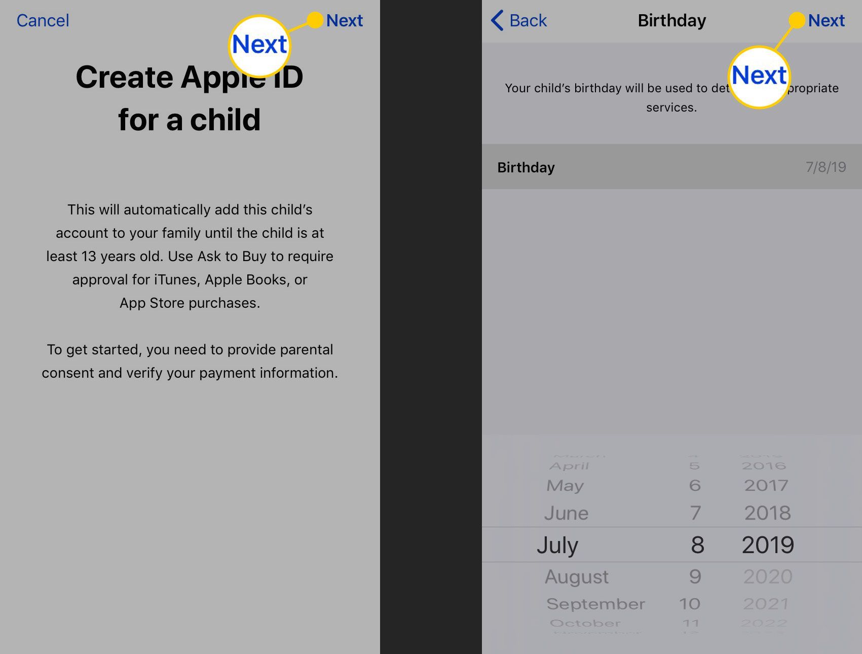 Ввод дня рождения для ребенка's Apple ID