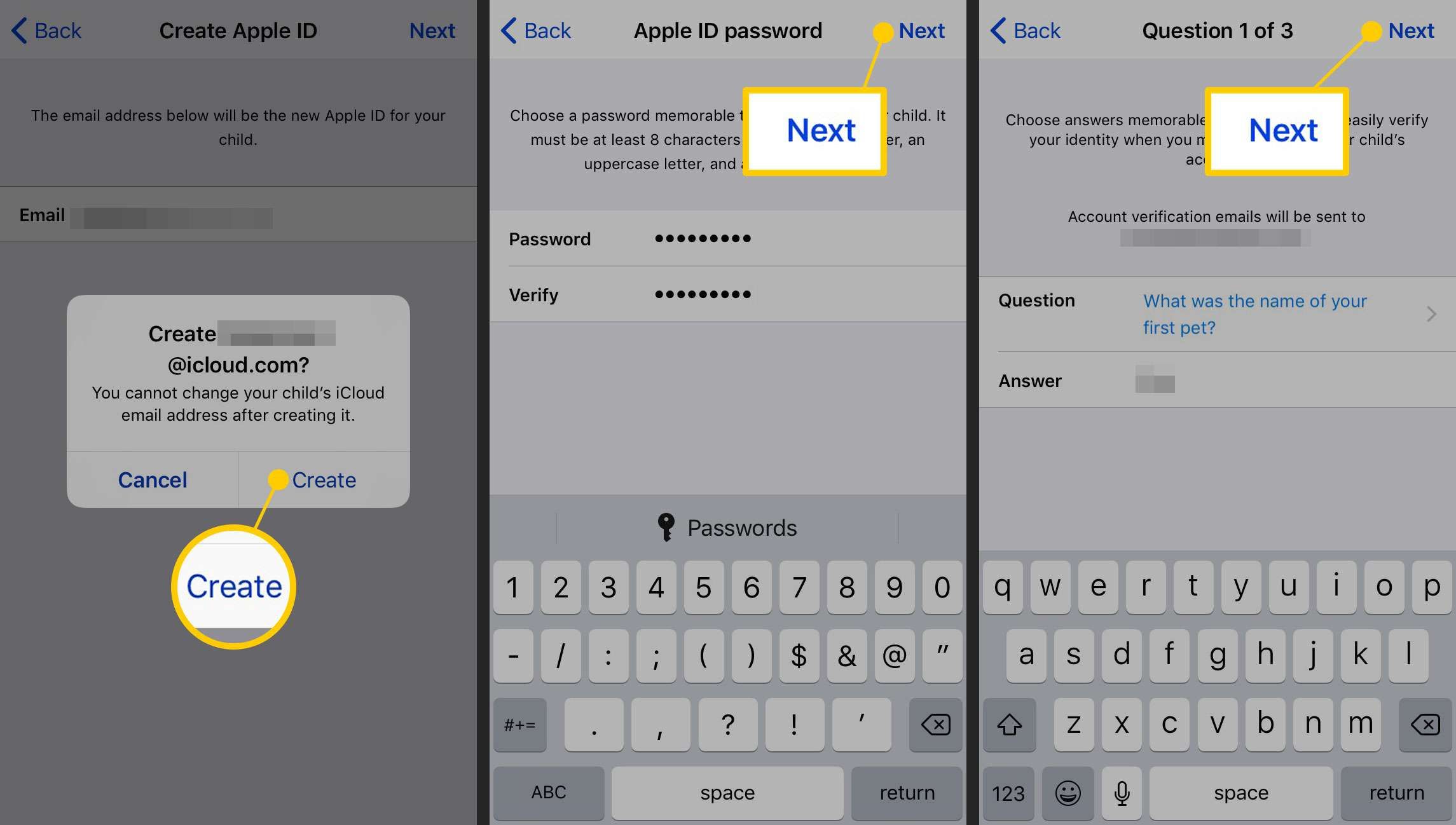 Подтверждение Apple ID, а затем установка пароля и вопросов безопасности
