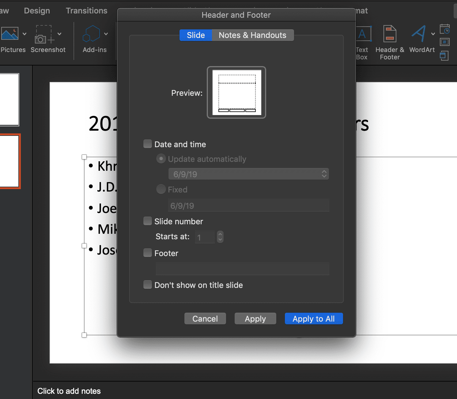 снимок экрана интерфейса верхнего и нижнего колонтитула в PowerPoint для macOS