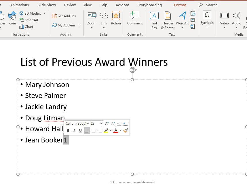снимок экрана выделенного индикатора сноски в PowerPoint для Windows