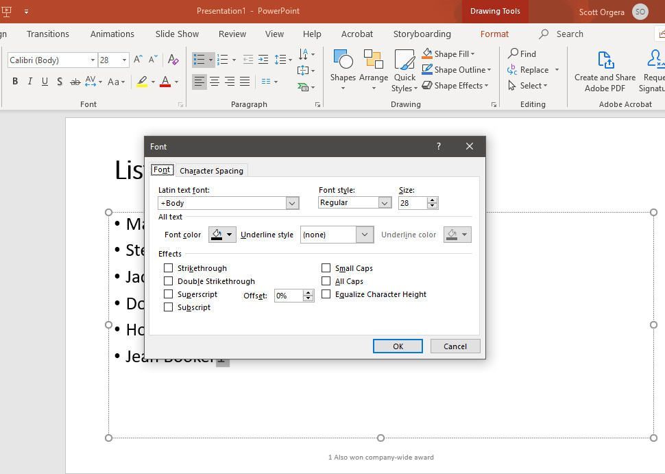 снимок экрана интерфейса настроек шрифтов в PowerPoint для Windows