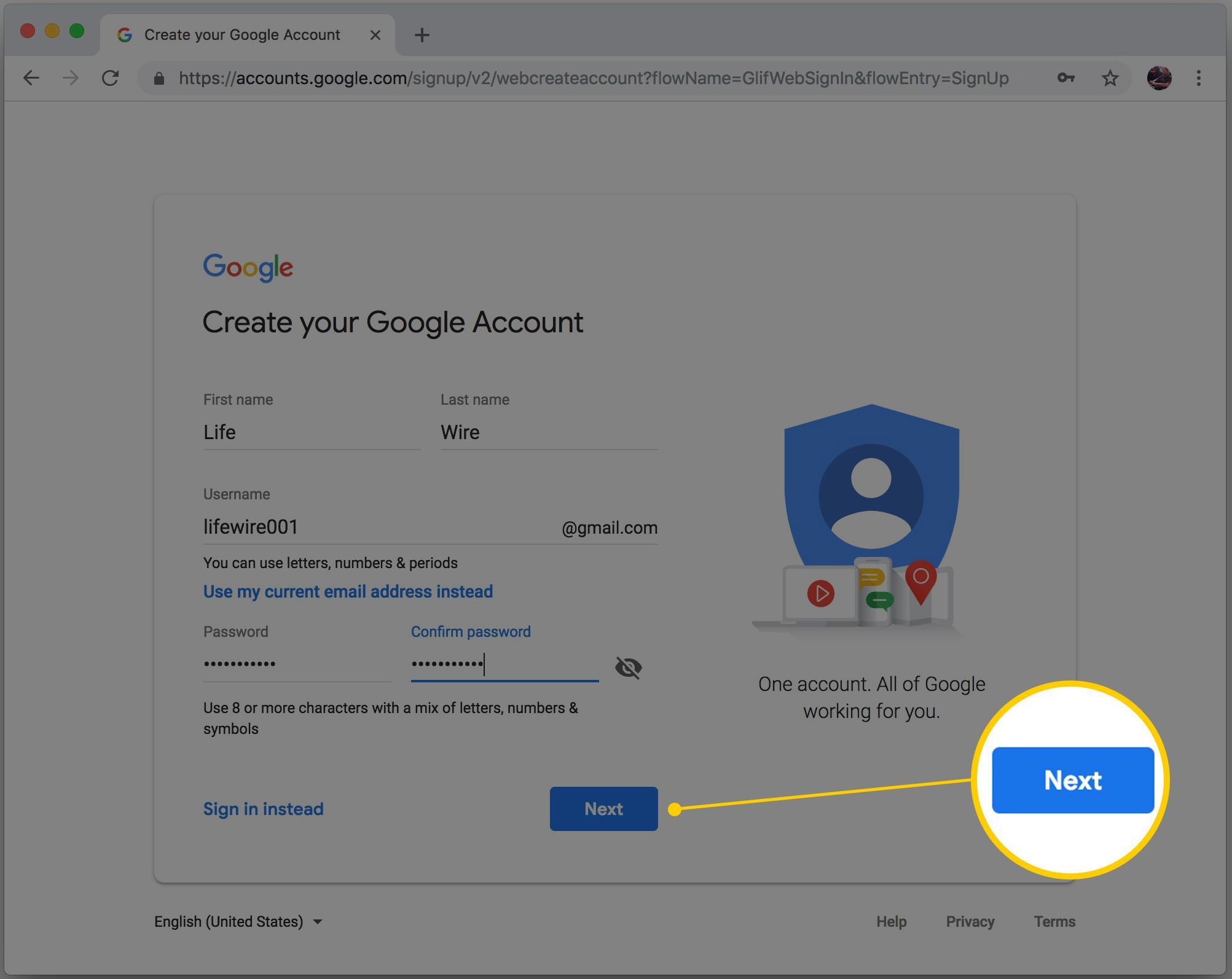 Сайт для создания учетной записи Gmail с фокусировкой на кнопке «Далее»