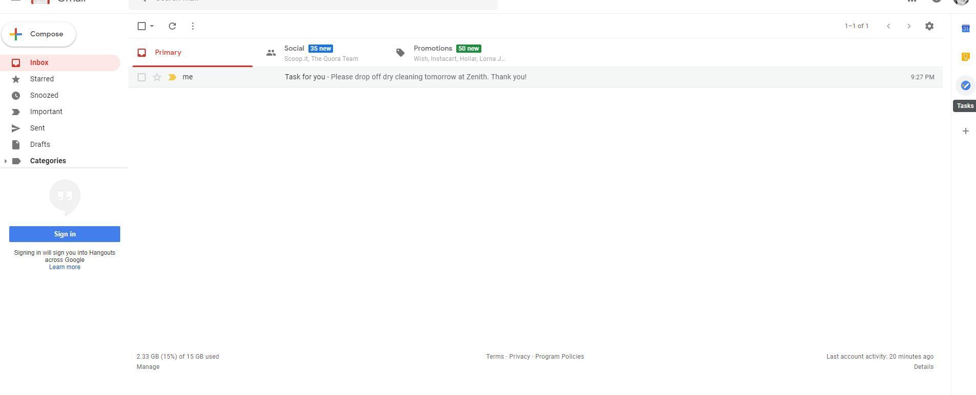 Снимок экрана Gmail с отображением задач на правой панели