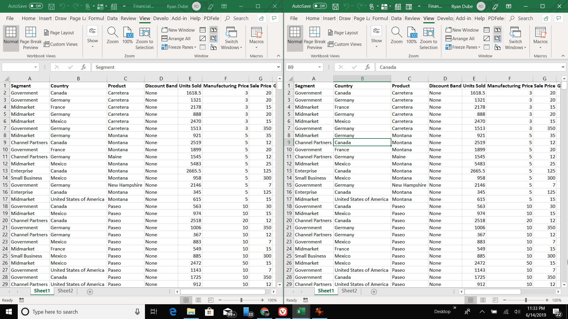 Снимок экрана просмотра книг Excel рядом друг с другом