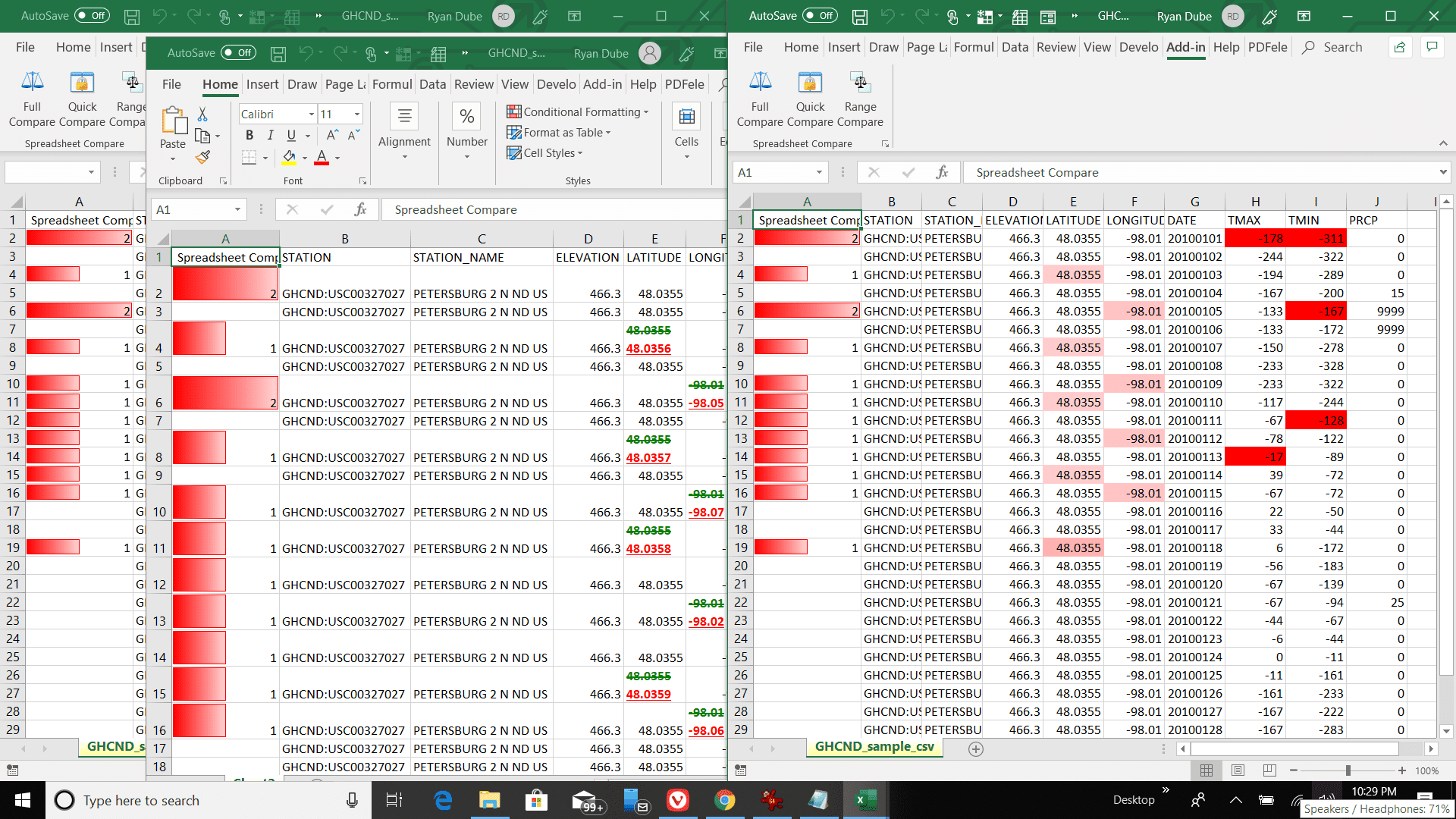Снимок экрана отчета о сравнении листа Excel