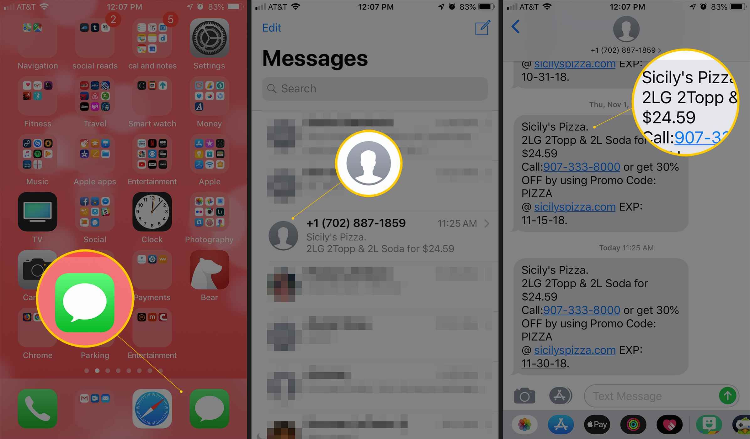 Три экрана iOS с изображением сообщения, текстового сообщения в списке и удаляемого сообщения