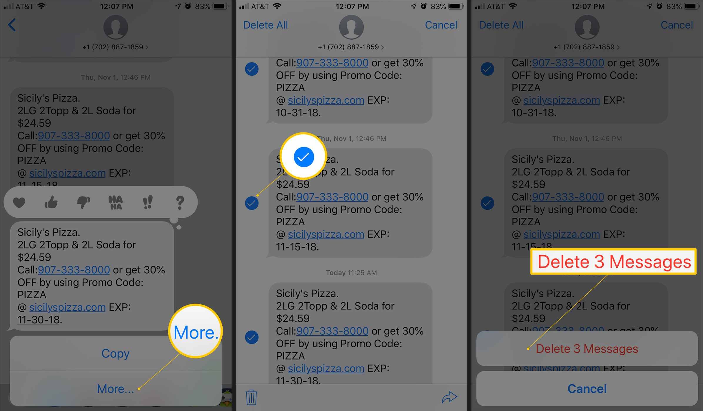 Три экрана iOS с кнопкой «Дополнительно», флажком рядом с сообщениями для удаления и кнопкой подтверждения удаления 3 сообщений