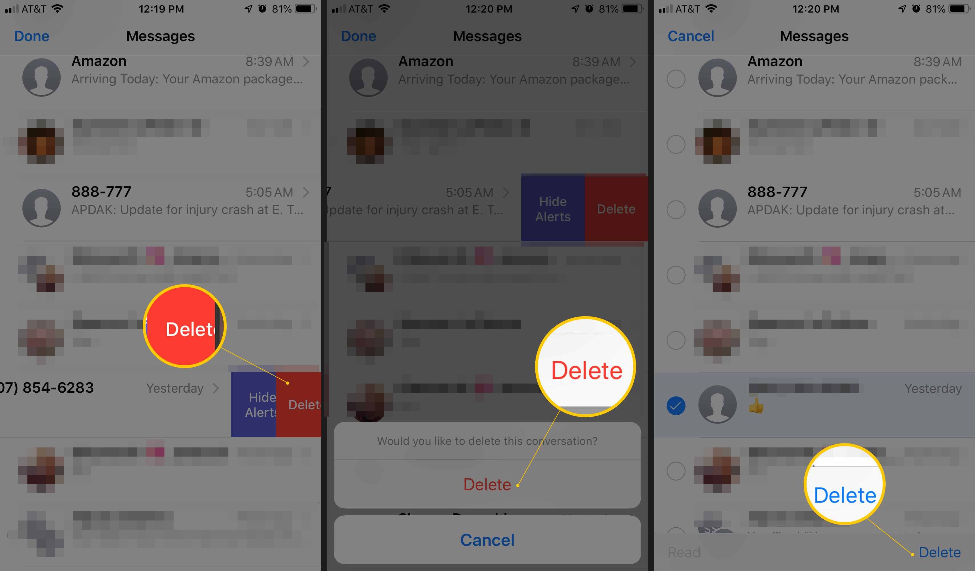 Три экрана iOS с кнопкой «Удалить» после проведенного влево, кнопкой «Удалить подтверждение» и кнопкой «Удалить» после нажатия кнопки «Редактировать» в сообщениях