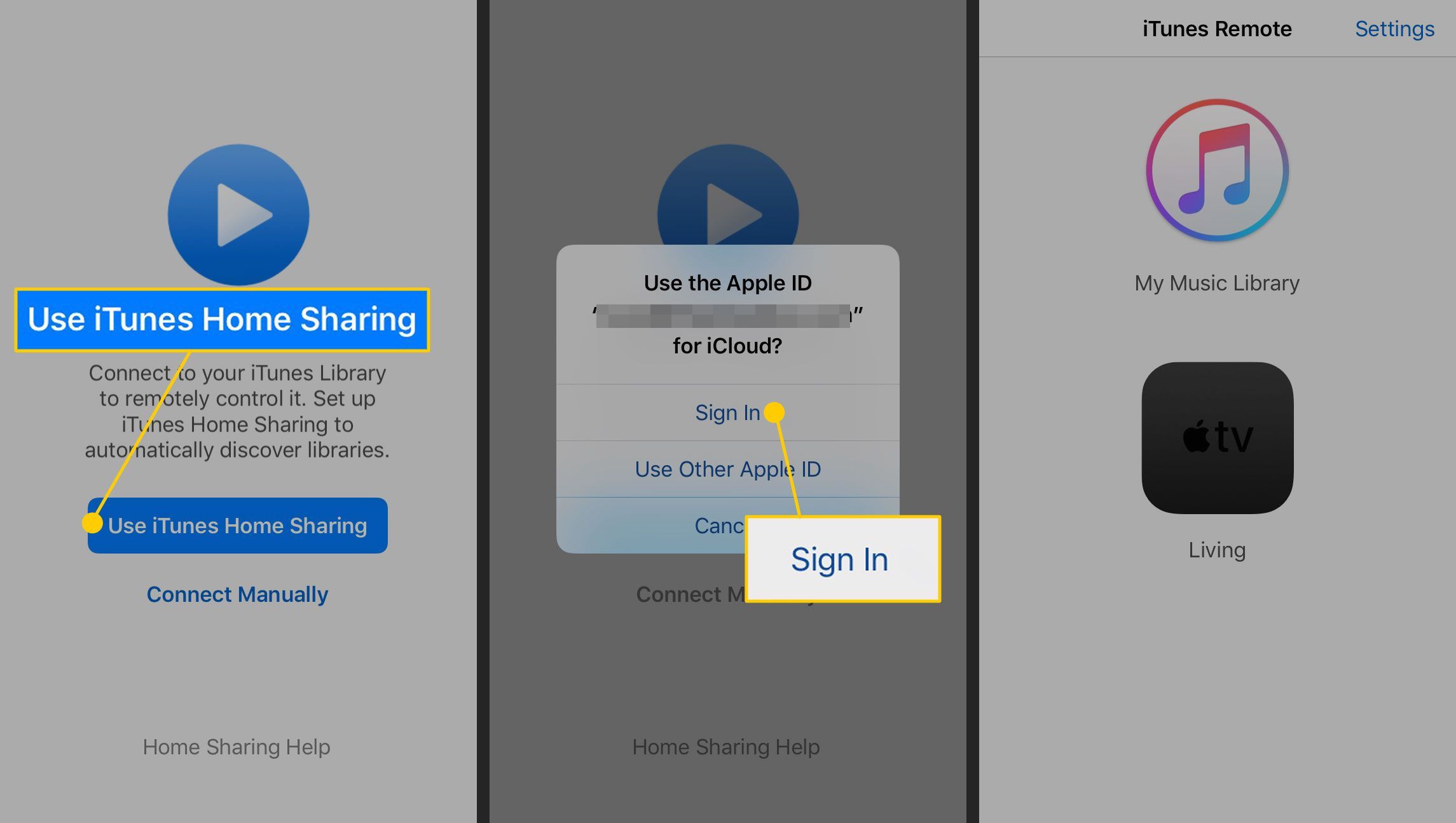 Приложение iTunes Remote на iPhone с выделенным путем общего доступа к iTunes