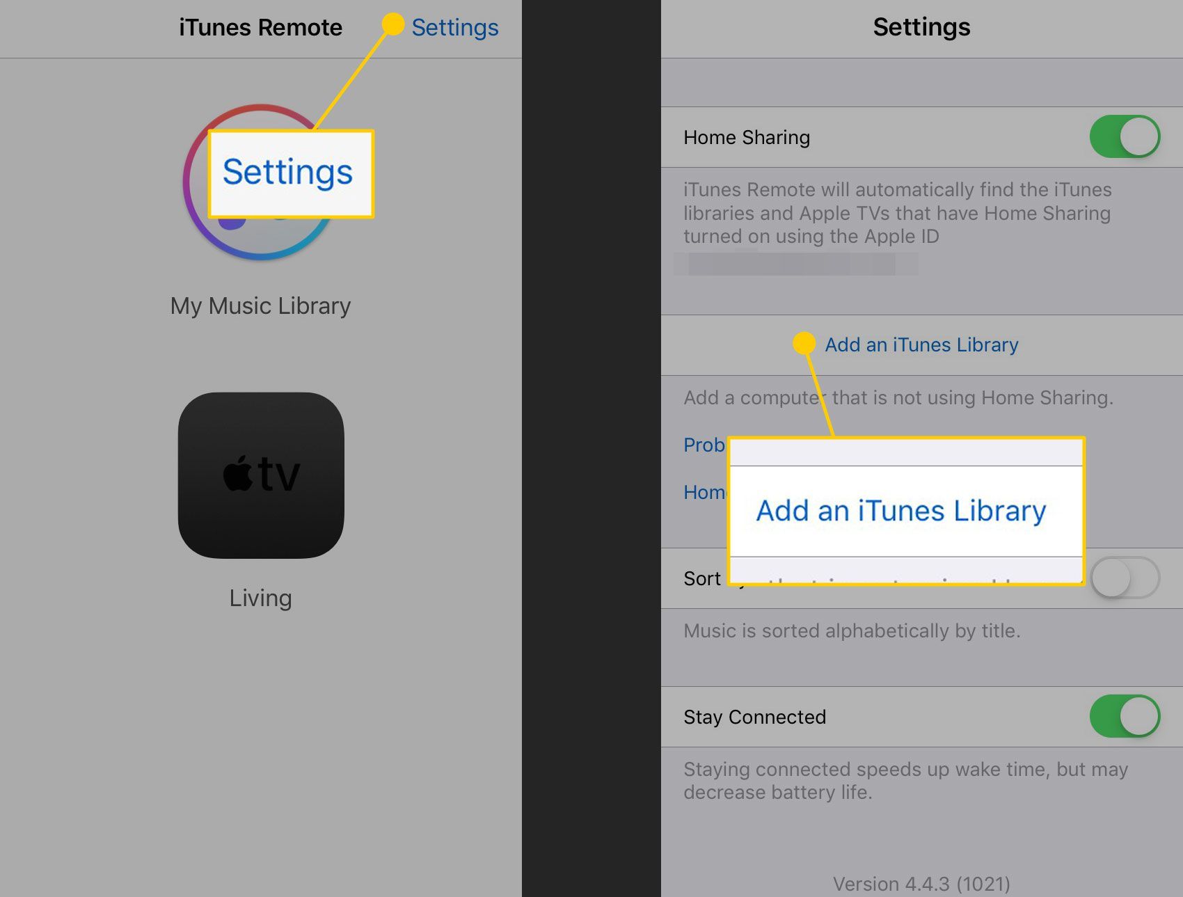 Приложение iTunes Remote на iPhone с настройками и параметрами «Добавить медиатеку iTunes»