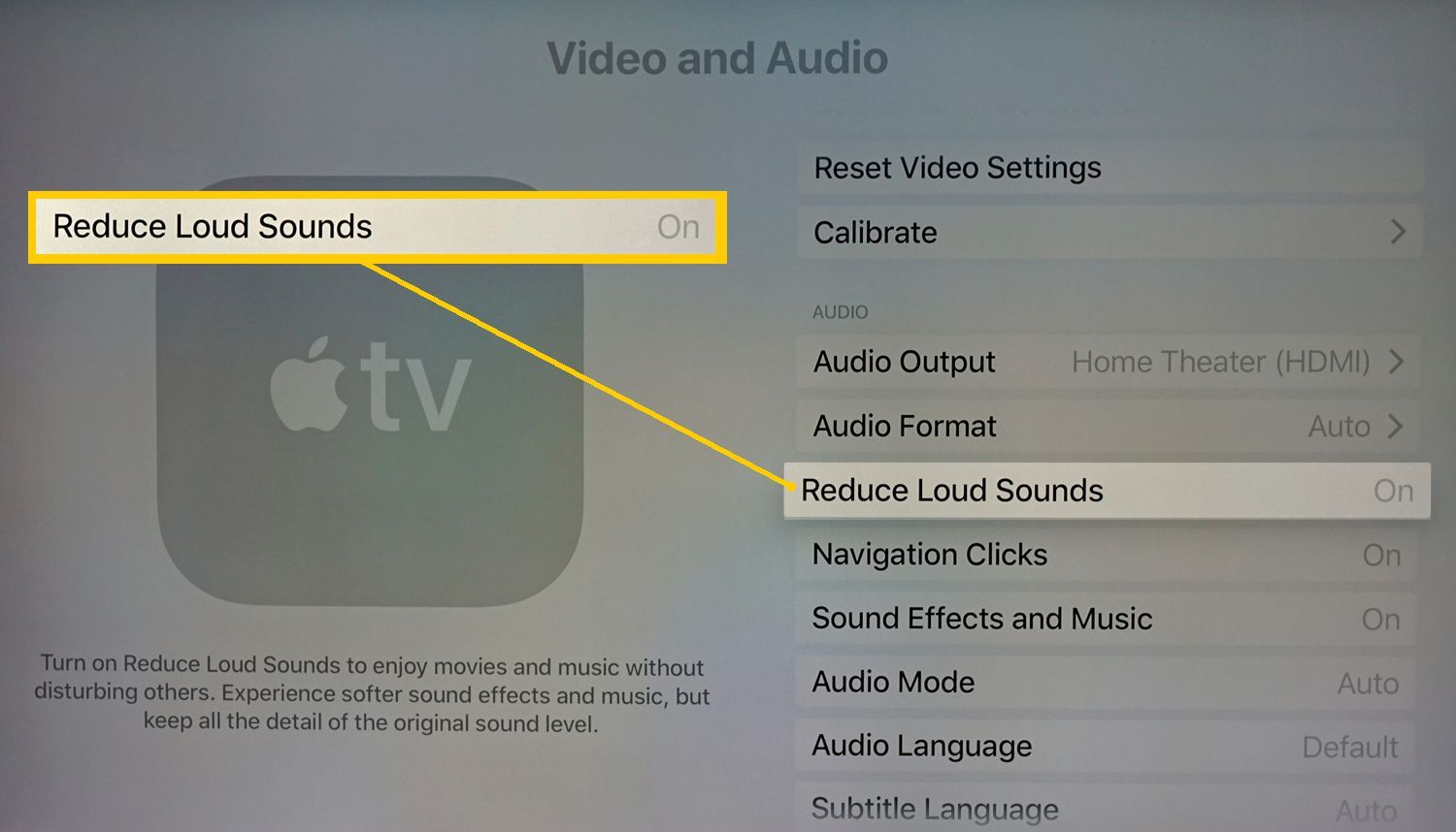 Меню настроек Apple TV - Уменьшение громких звуков