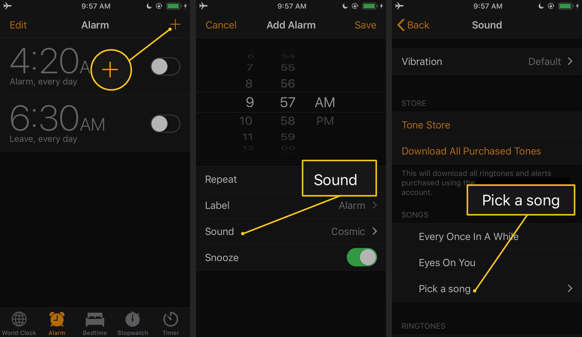 Кнопка «плюс», кнопка «Звук», выбор песни в приложении iOS Clock