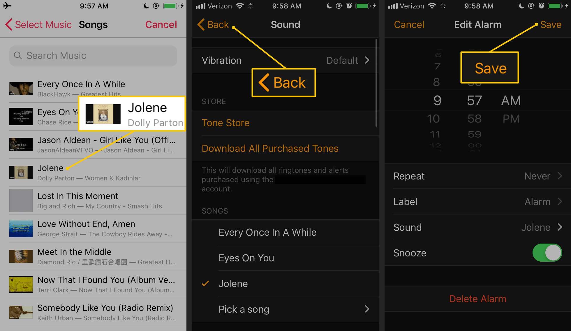 Песня для будильника, кнопка «Назад», кнопка «Сохранить» в приложении iOS Clock