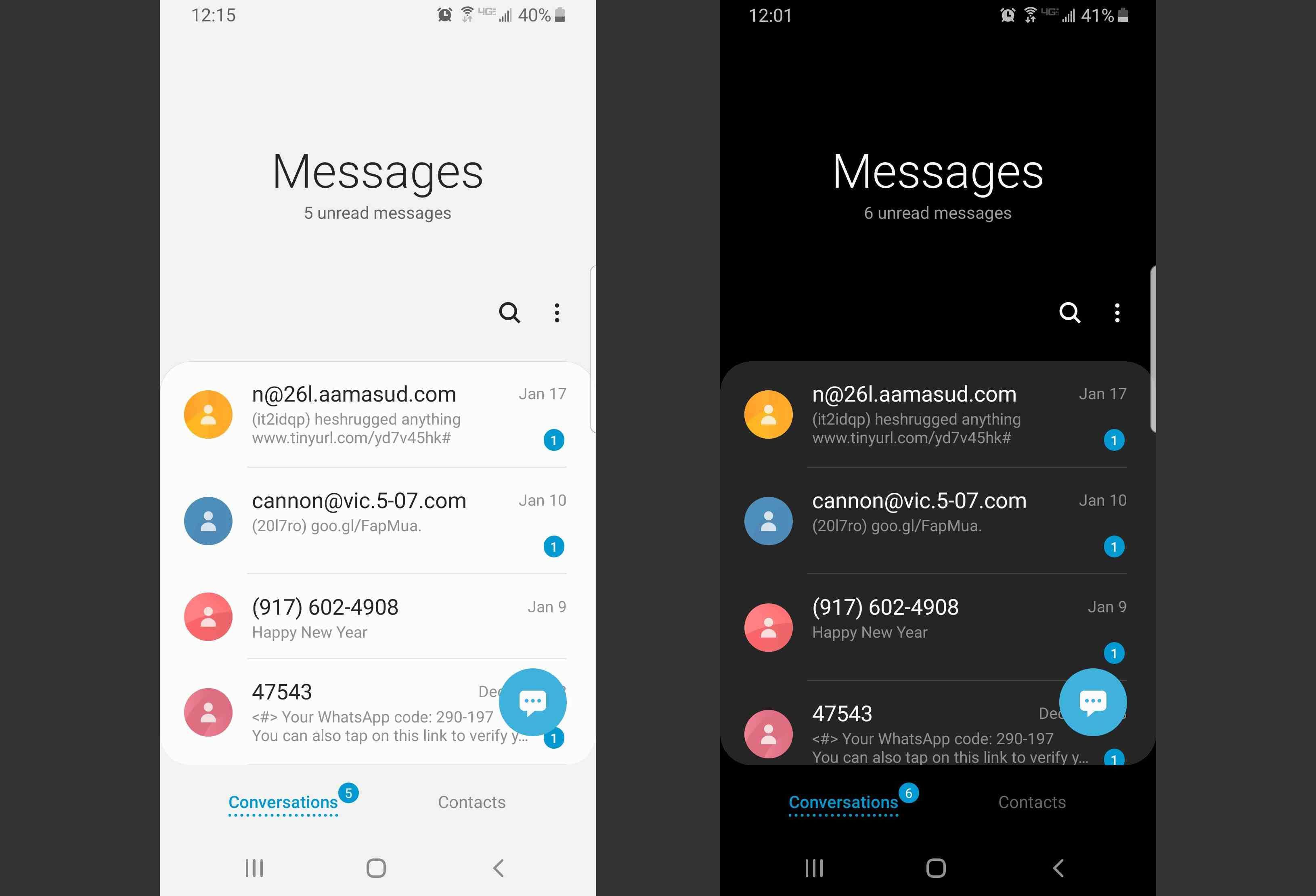 Приложение Samsung One UI Messages в обычном и ночном режимах