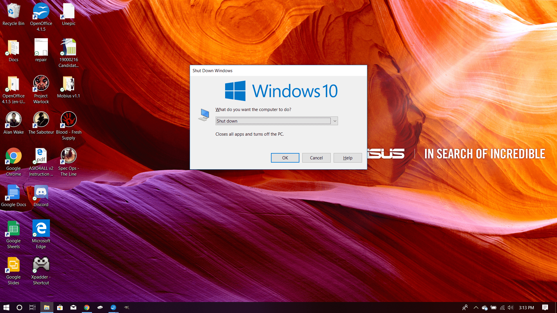 Меню выхода из Windows 10, открытое с помощью Alt + F4