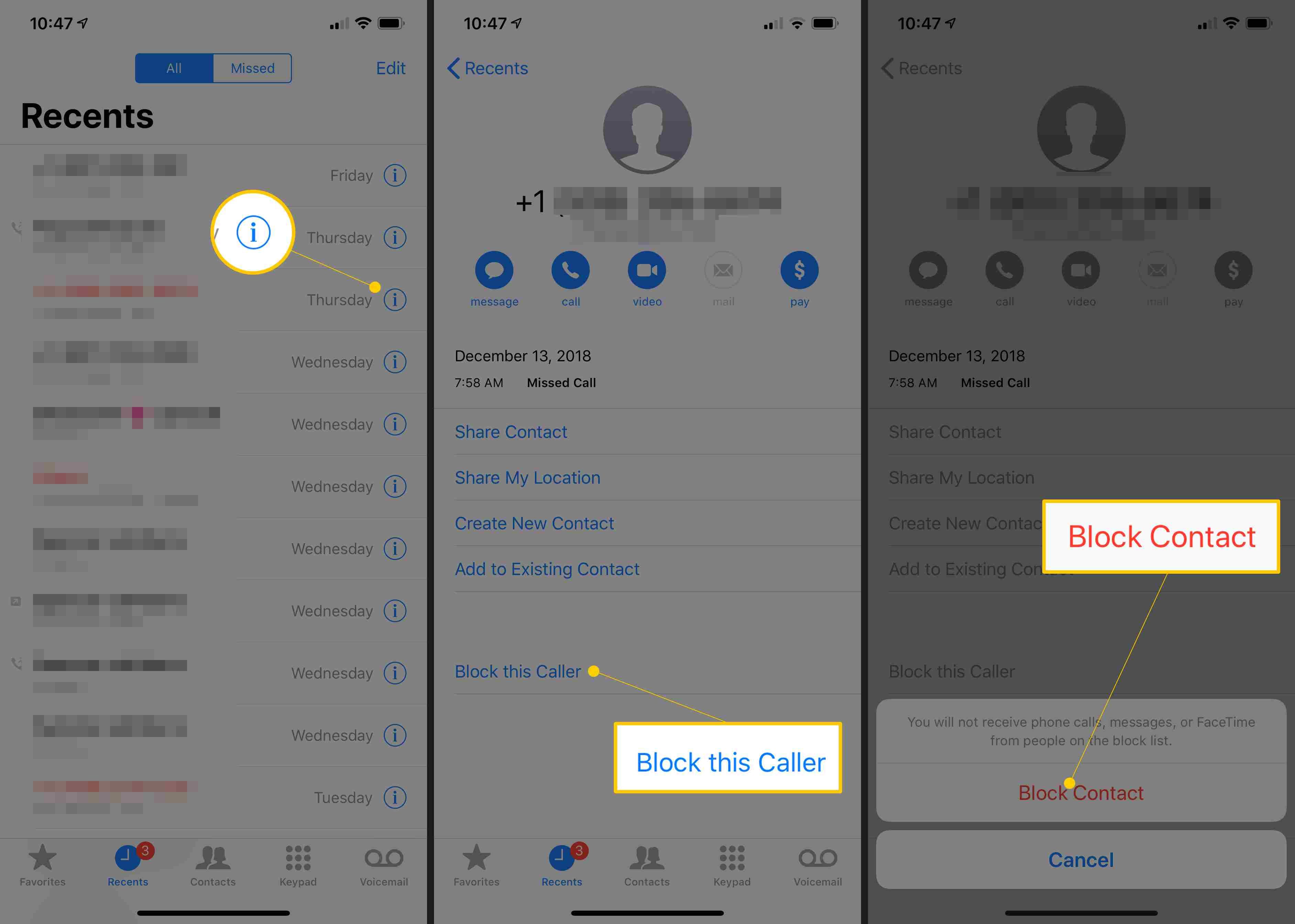 Три экрана iOS, показывающие кнопку i (информация), кнопку Блокировать этого абонента и подтверждение блокировки контакта