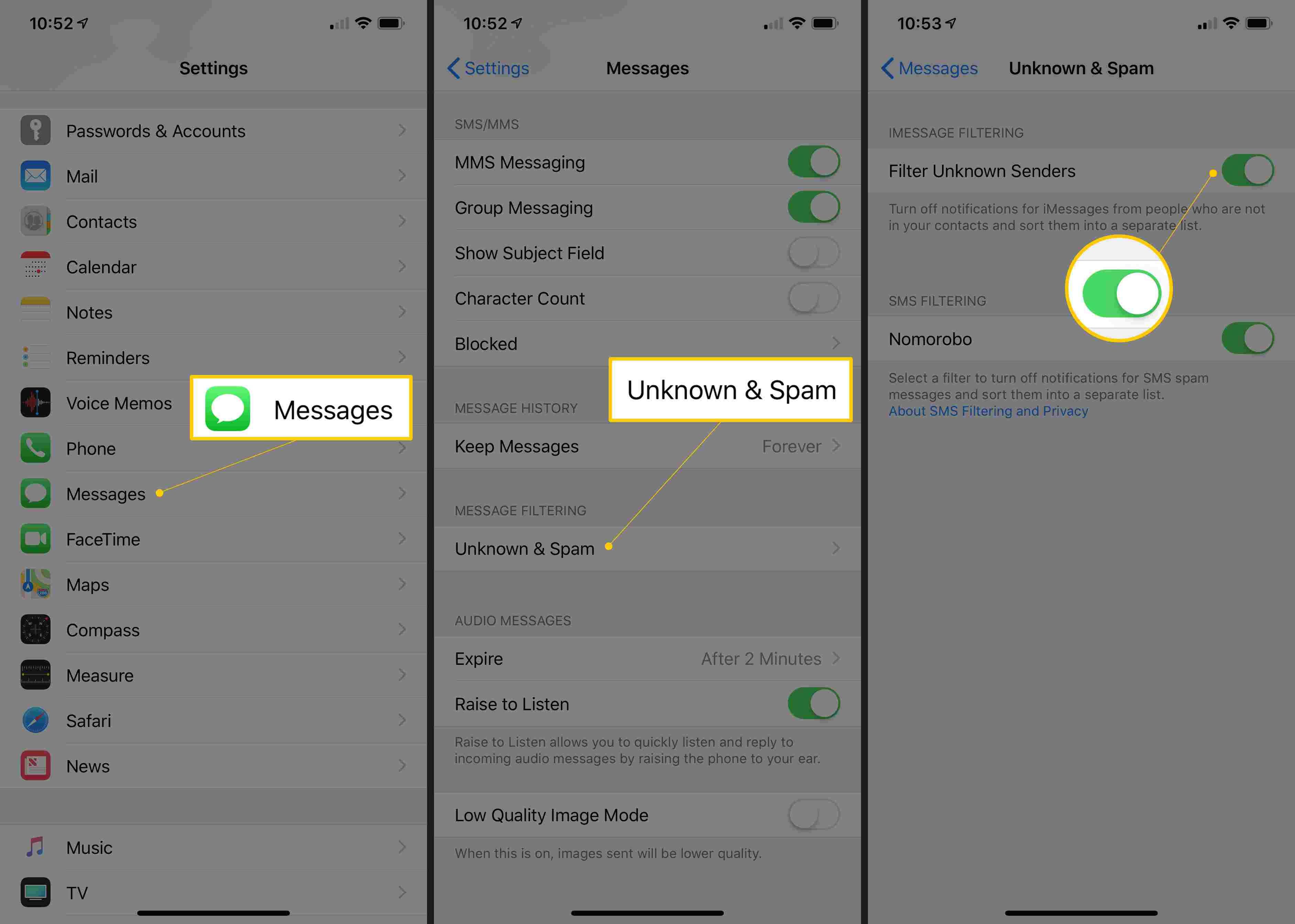 Три экрана iOS с кнопкой «Сообщения», «Неизвестный» и «Спам», а также переключателем «Фильтровать неизвестных отправителей»