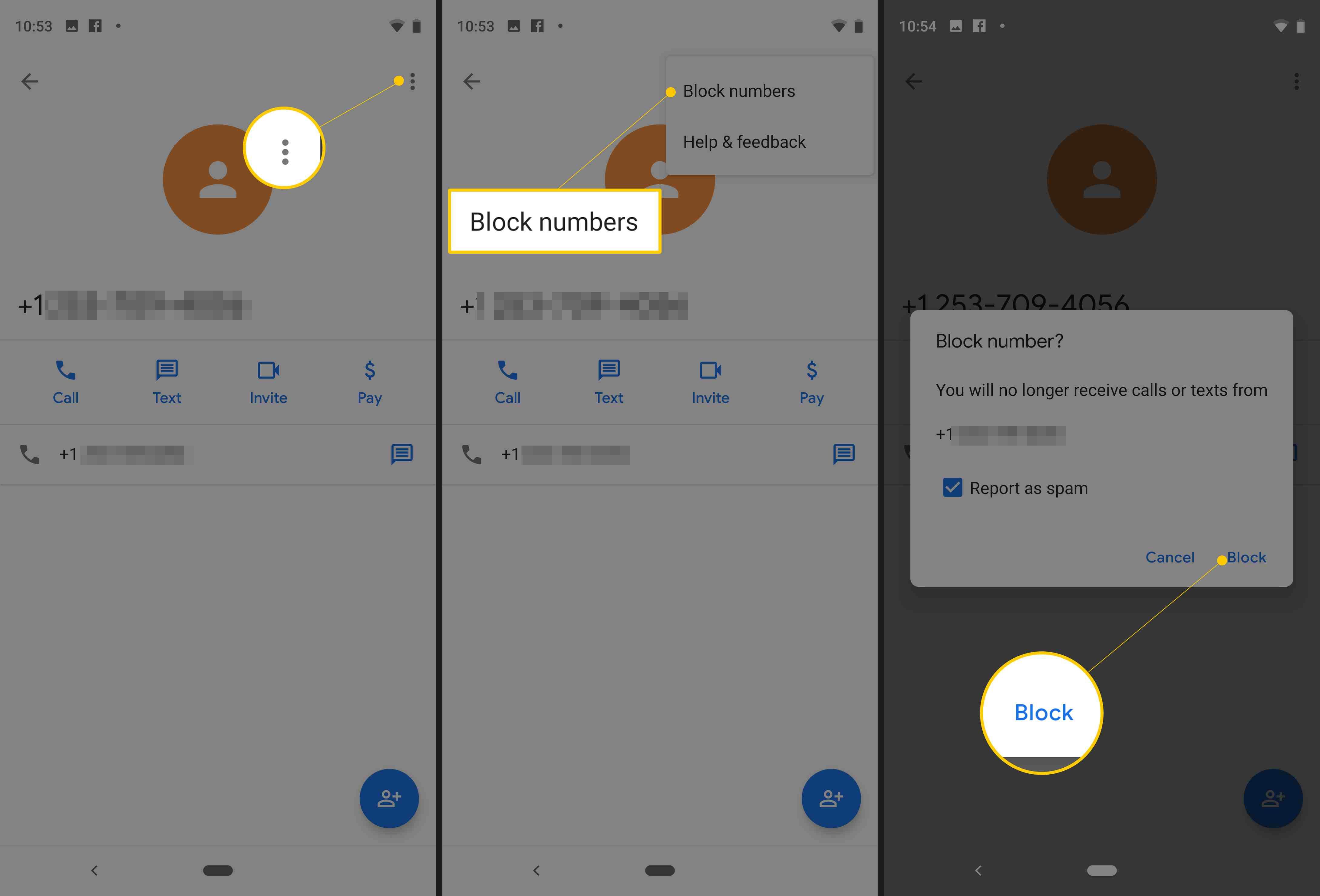 Три экрана Android от Pixel, показывающие вертикальное меню точек, пункт меню номеров блоков и кнопку блокировки