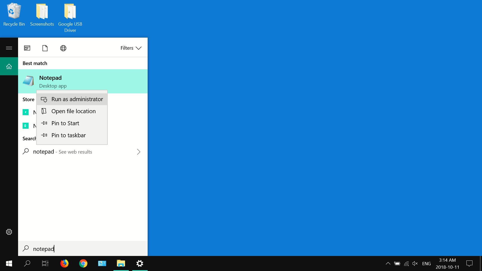 Скриншот Windows 10 в поисках Блокнота.