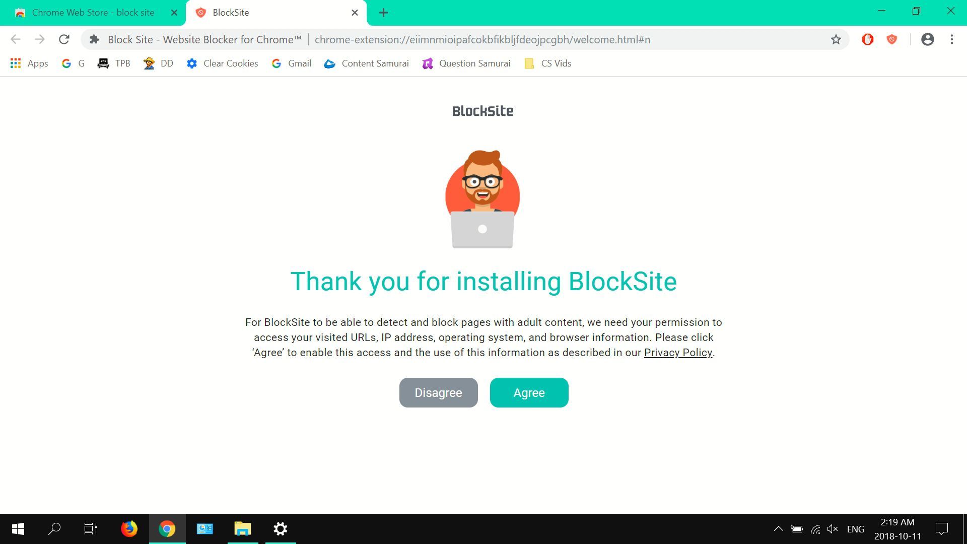 Скриншот BlockSite's disclaimer.