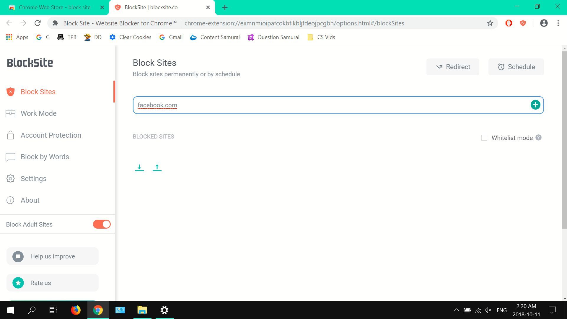 Снимок экрана с добавлением адресов веб-сайтов в BlockSite's block list.