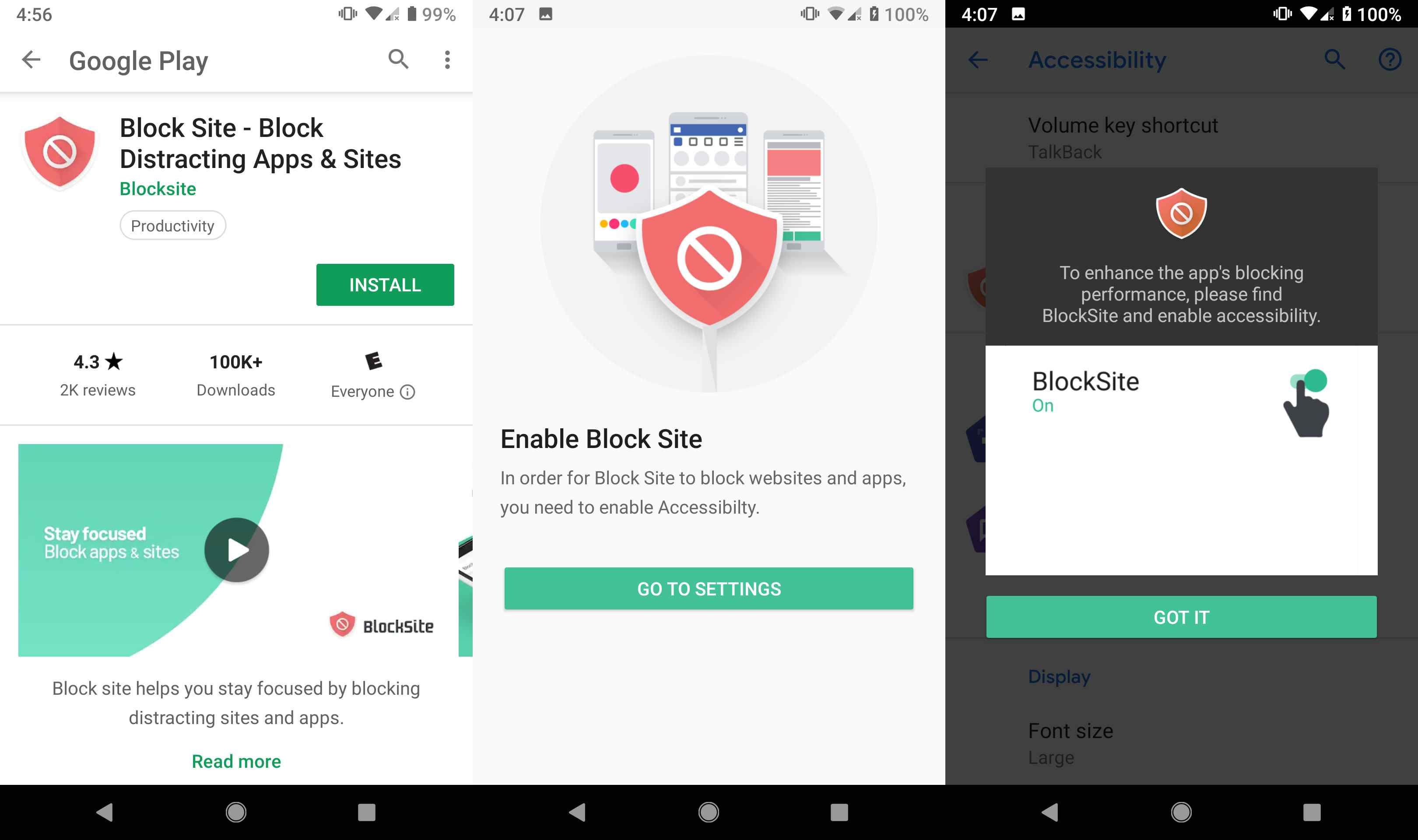 Три скриншота, показывающие установку Block Site для Android.