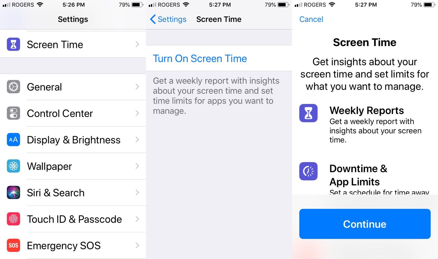 Три снимка экрана, показывающие, как получить доступ к экранному времени и включить его на iPhone или iPad.